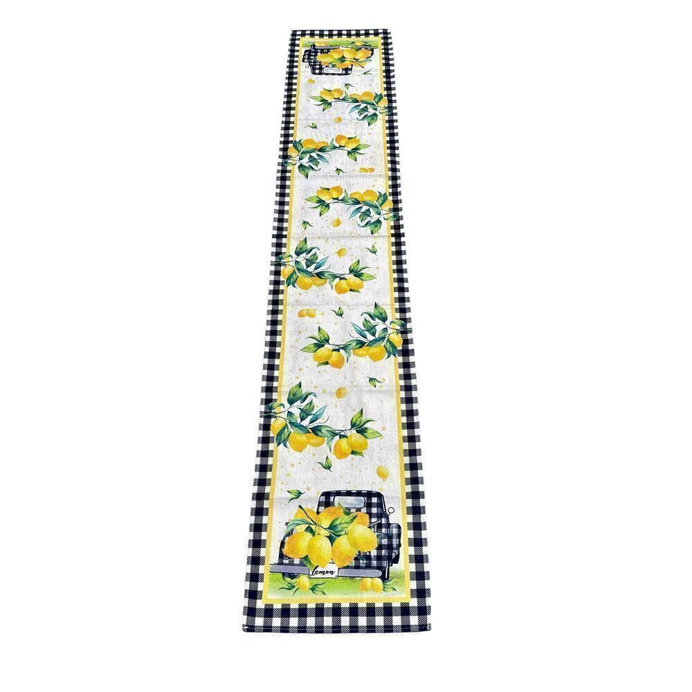 Meyer Lemons Gingham Black & White Border, Cottagecore Table Runner 65x13 in.